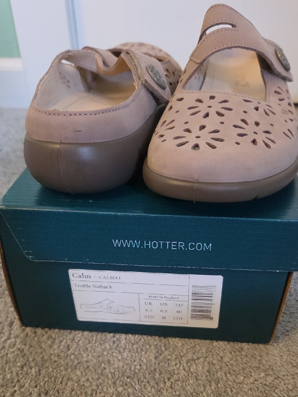 hotter Calm Truffle Nubuck Mary Jane Flats with Perforated Design